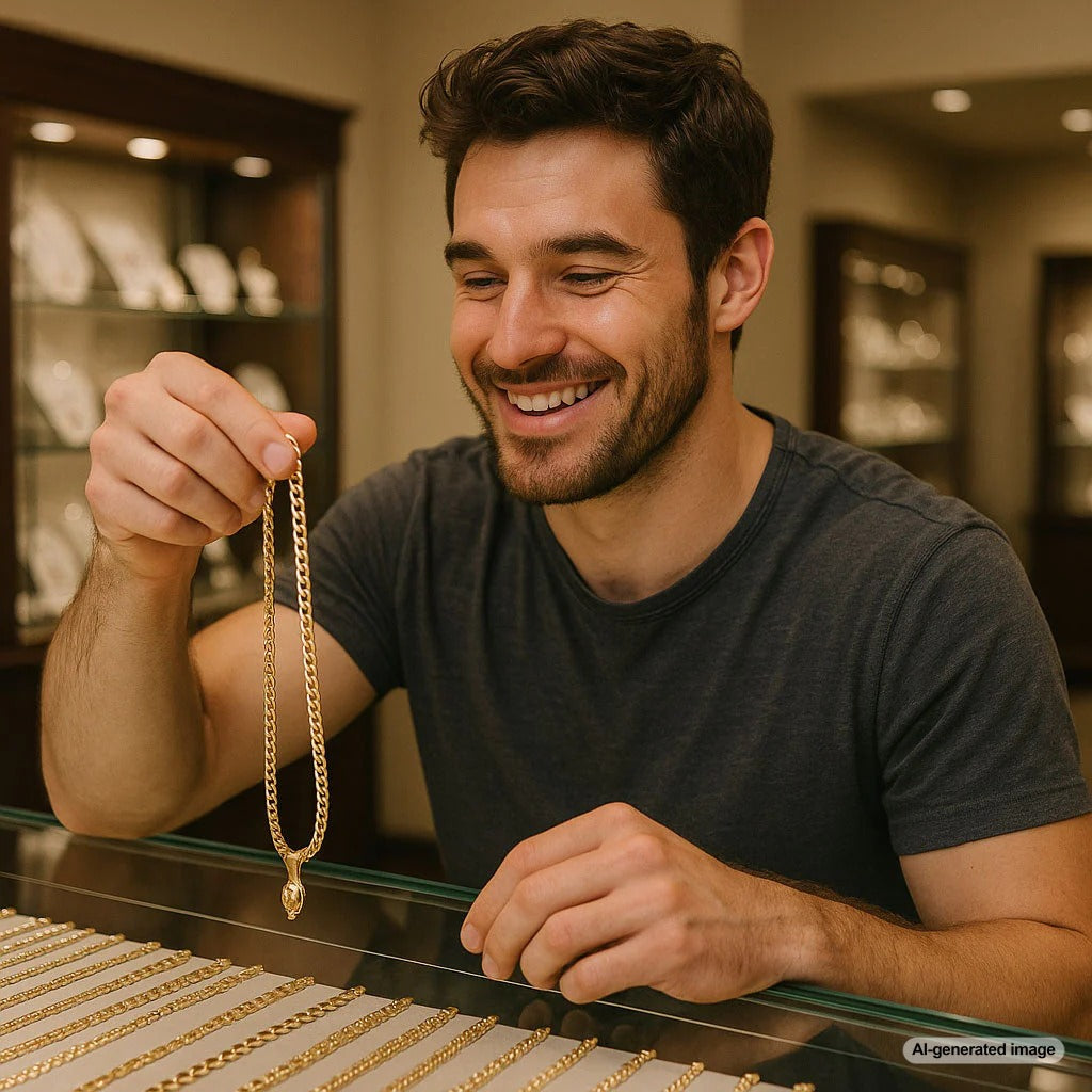 Stylish men's pendant chains displayed at Robinson's Jewelers