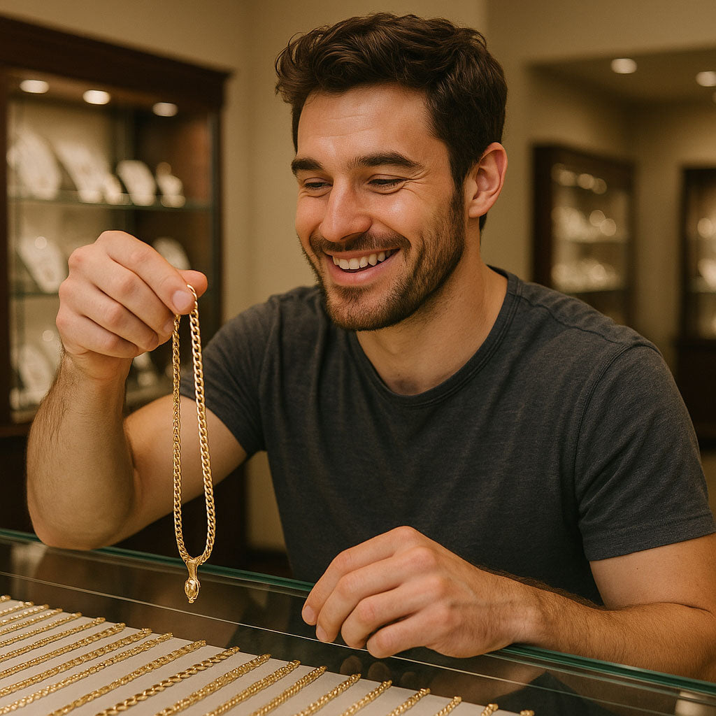 Stylish men's pendant chains displayed at Robinson's Jewelers