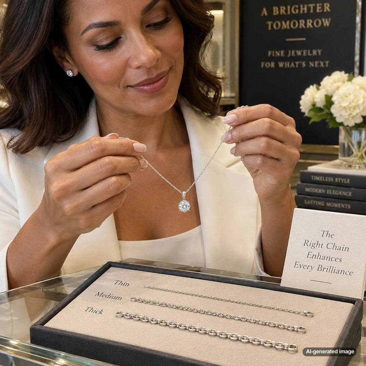 Diamond pendant displayed on an appropriately proportioned fine jewelry chain