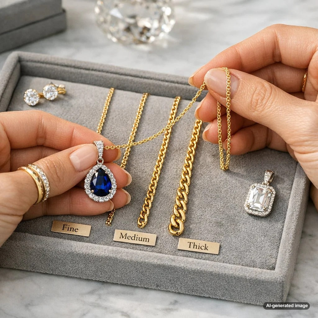 A close-up comparison of different pendant chain thicknesses on display at Robinson's Jewelers