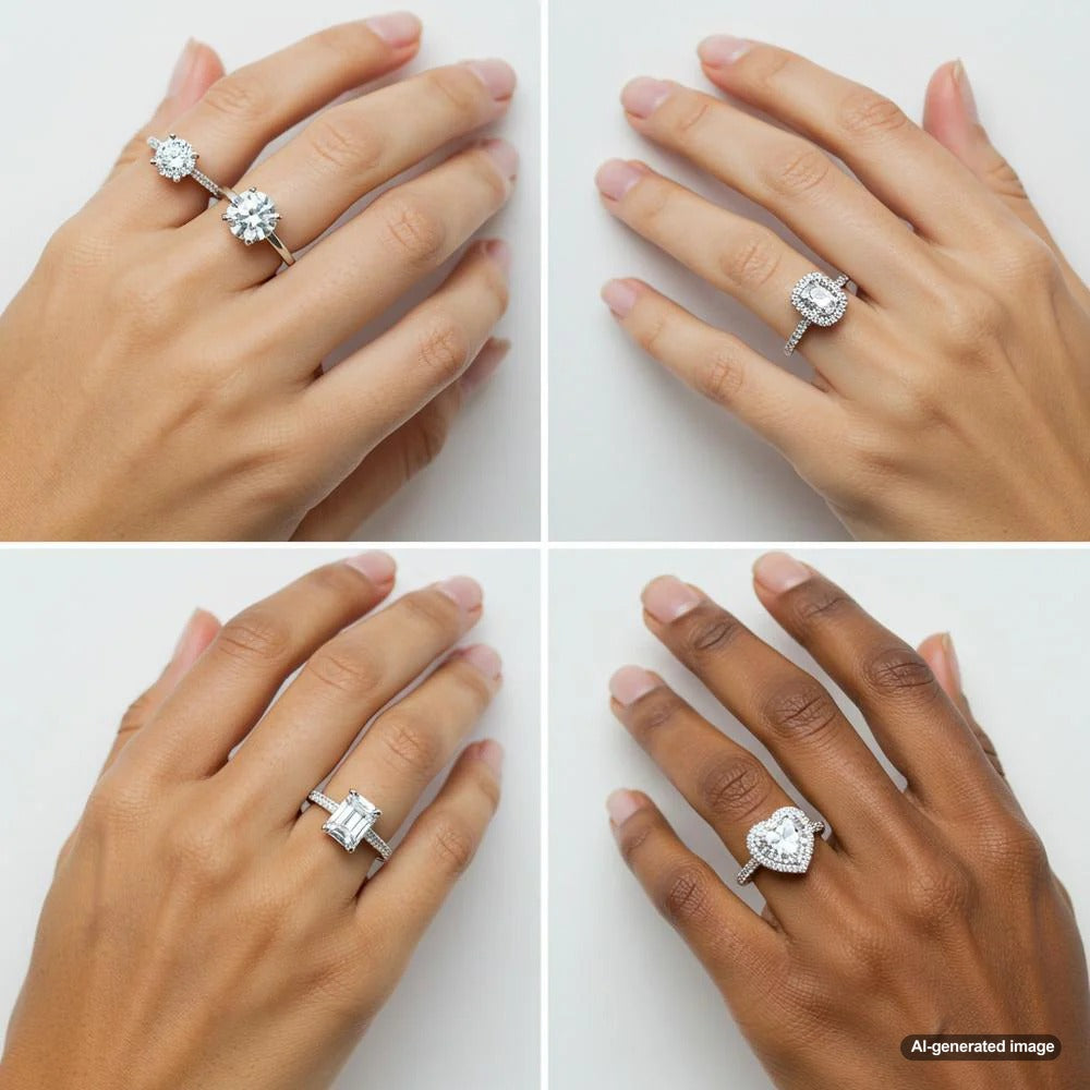 Various diamond shapes beautifully displayed with engagement rings to suit different hand types