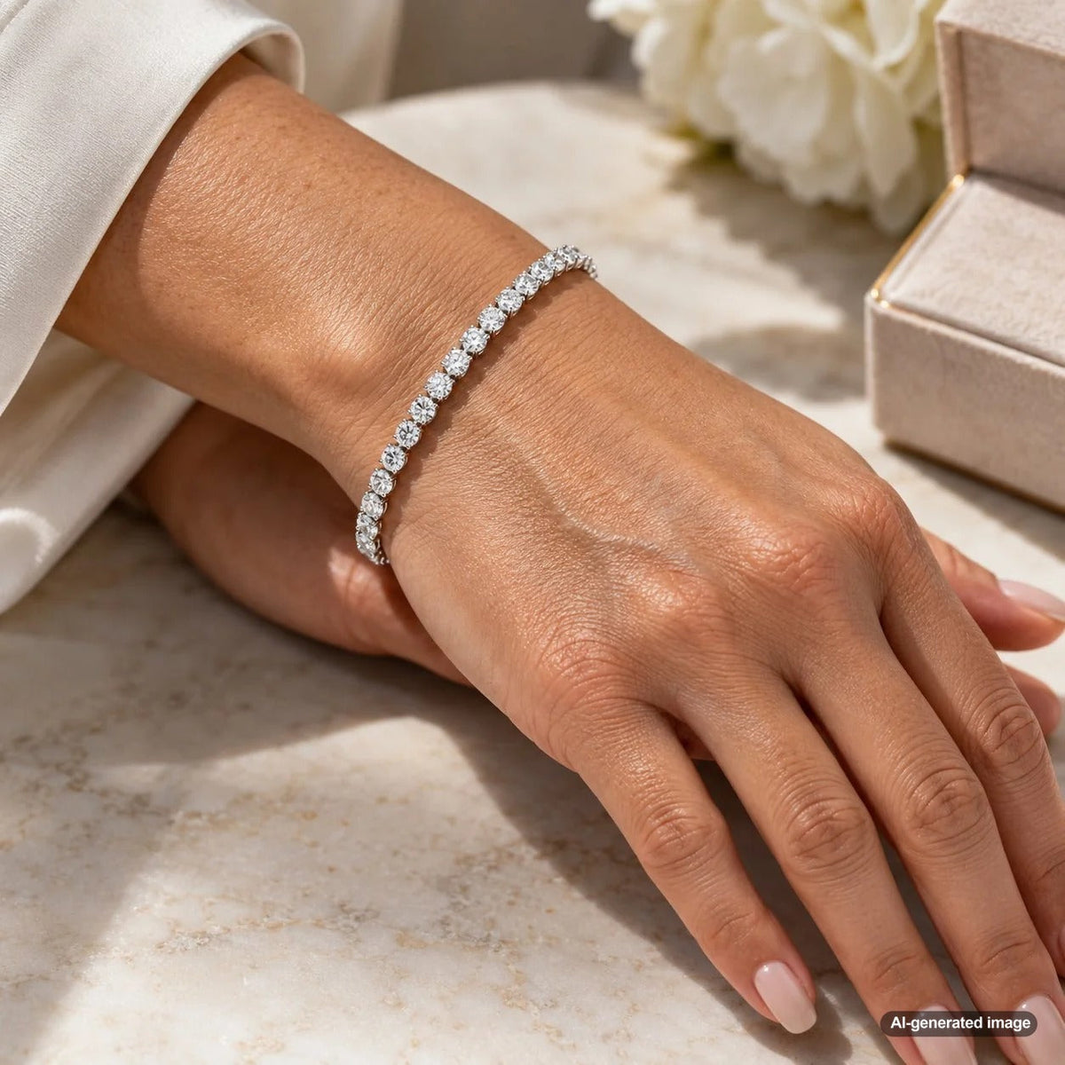 Diamond tennis bracelet showing balanced diamond proportions for a 6.5-inch wrist