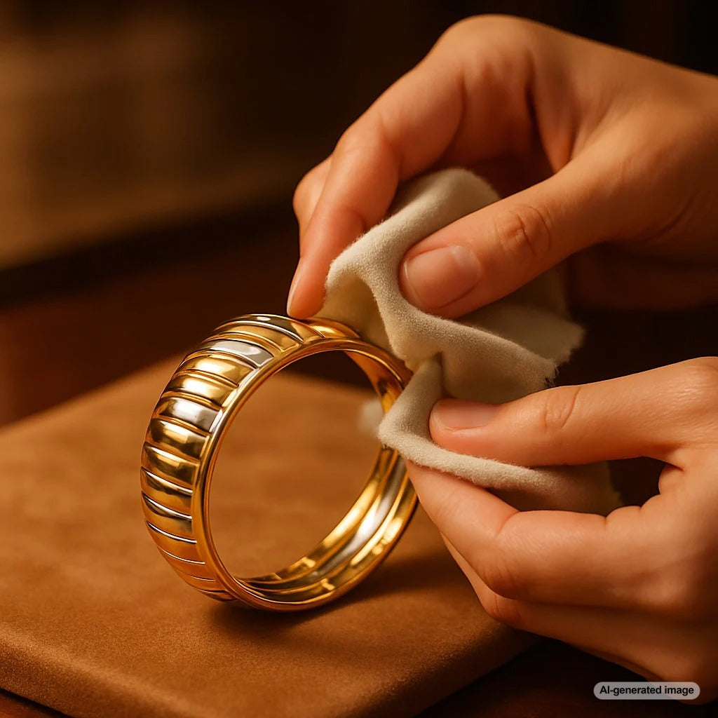 Gold and silver bracelets displayed elegantly with cleaning tools