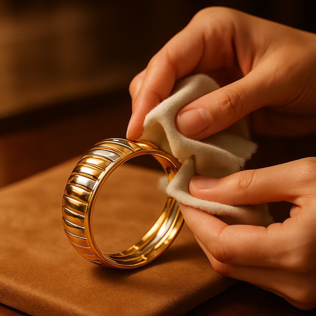 Gold and silver bracelets displayed elegantly with cleaning tools