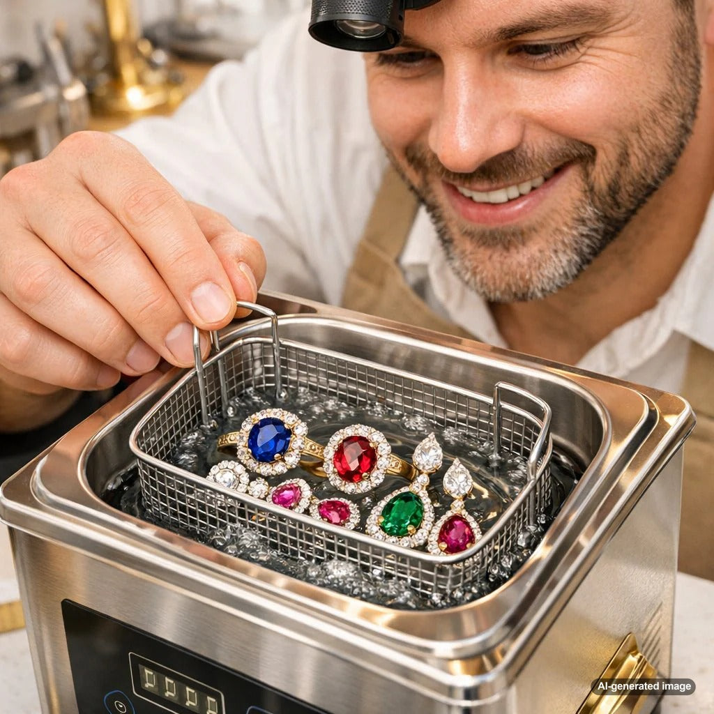 Close-up image of an ultrasonic jewelry cleaner in action, with bubbles surrounding a sparkling diamond ring and a pair of gemstone earrings.