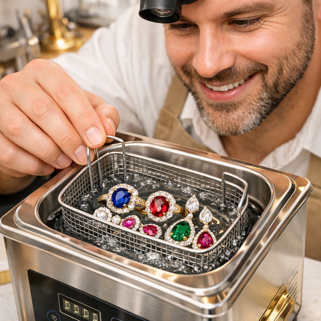 Close-up image of an ultrasonic jewelry cleaner in action, with bubbles surrounding a sparkling diamond ring and a pair of gemstone earrings.