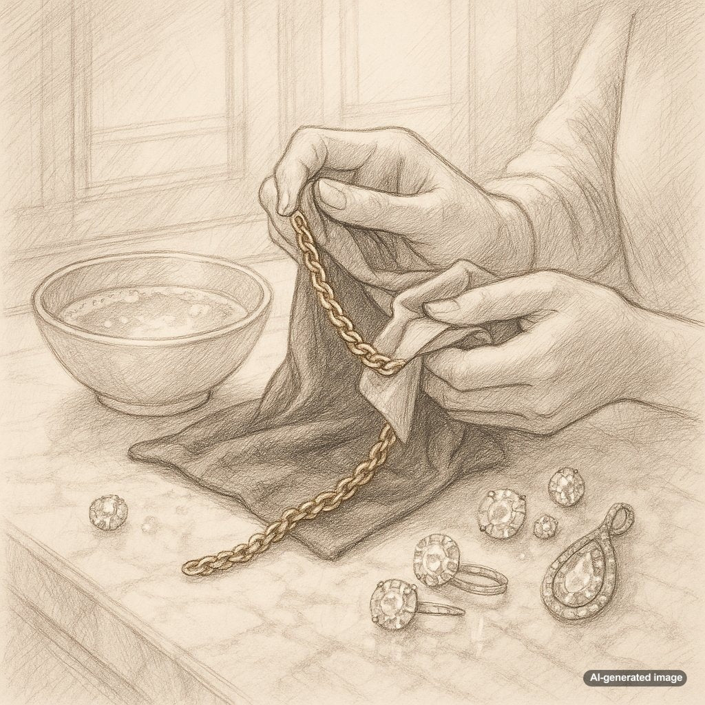 Close-up of gold jewelry being cleaned at home with gentle soap and soft brush