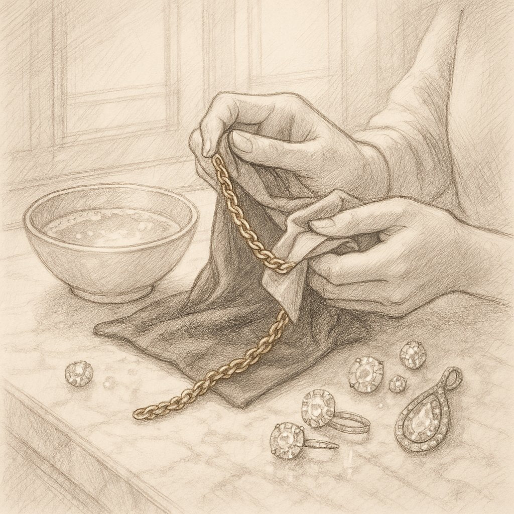 Close-up of gold jewelry being cleaned at home with gentle soap and soft brush