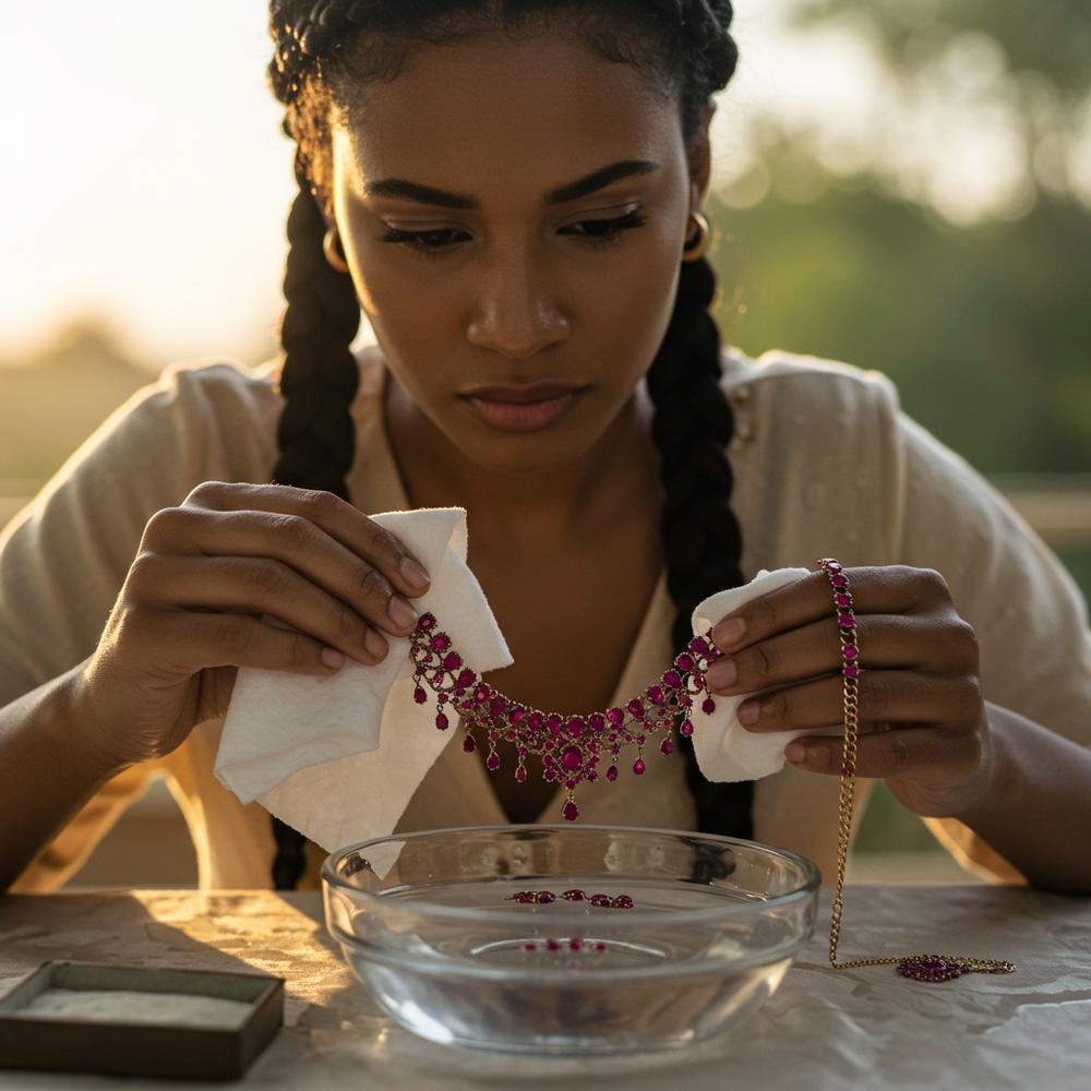 A delicate pearl necklace and emerald ring being cleaned with a soft cloth