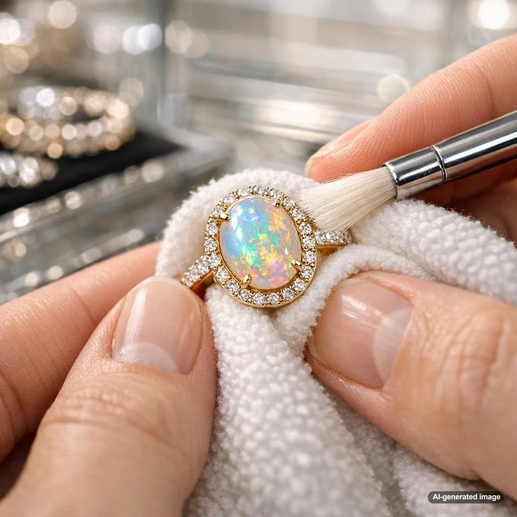 Close-up of a stunning fiery opal ring being gently cleaned with a soft cloth, demonstrating safe opal care practices.