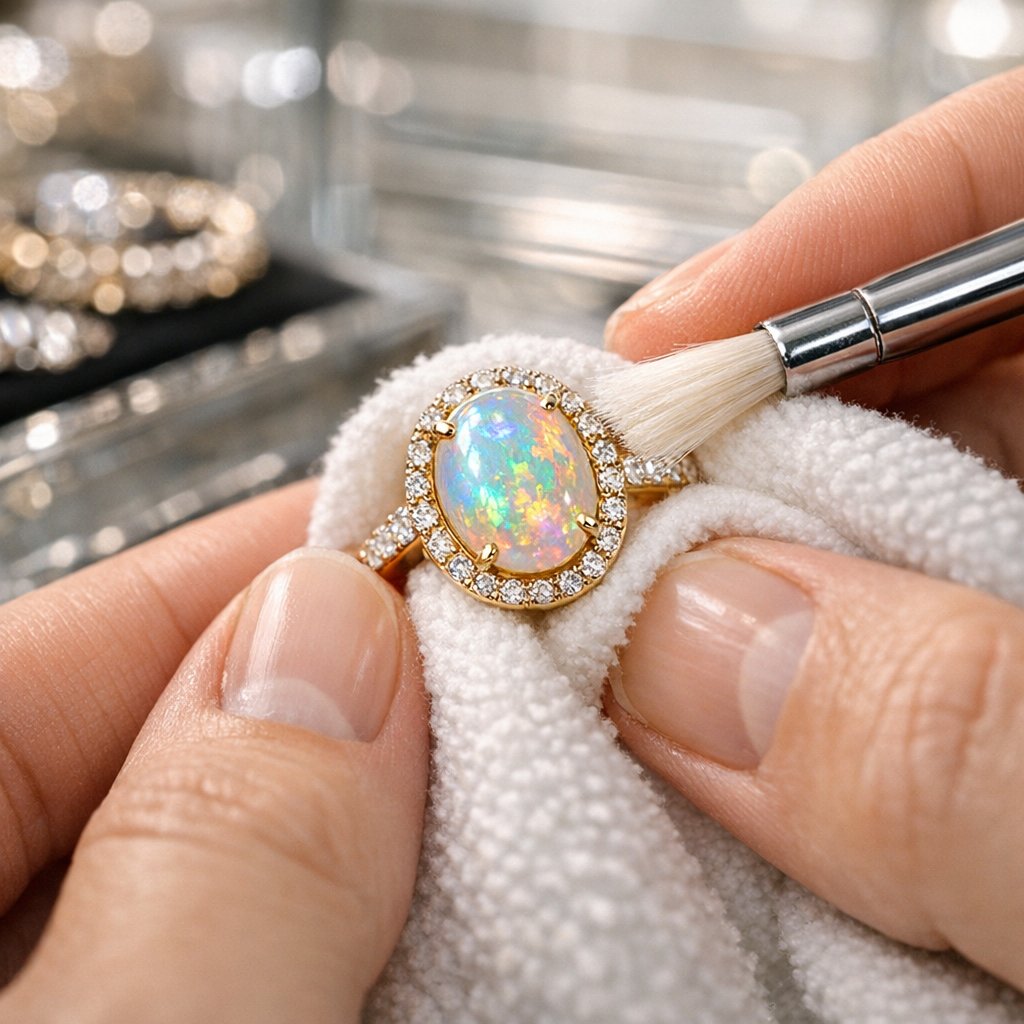 Close-up of a stunning fiery opal ring being gently cleaned with a soft cloth, demonstrating safe opal care practices.