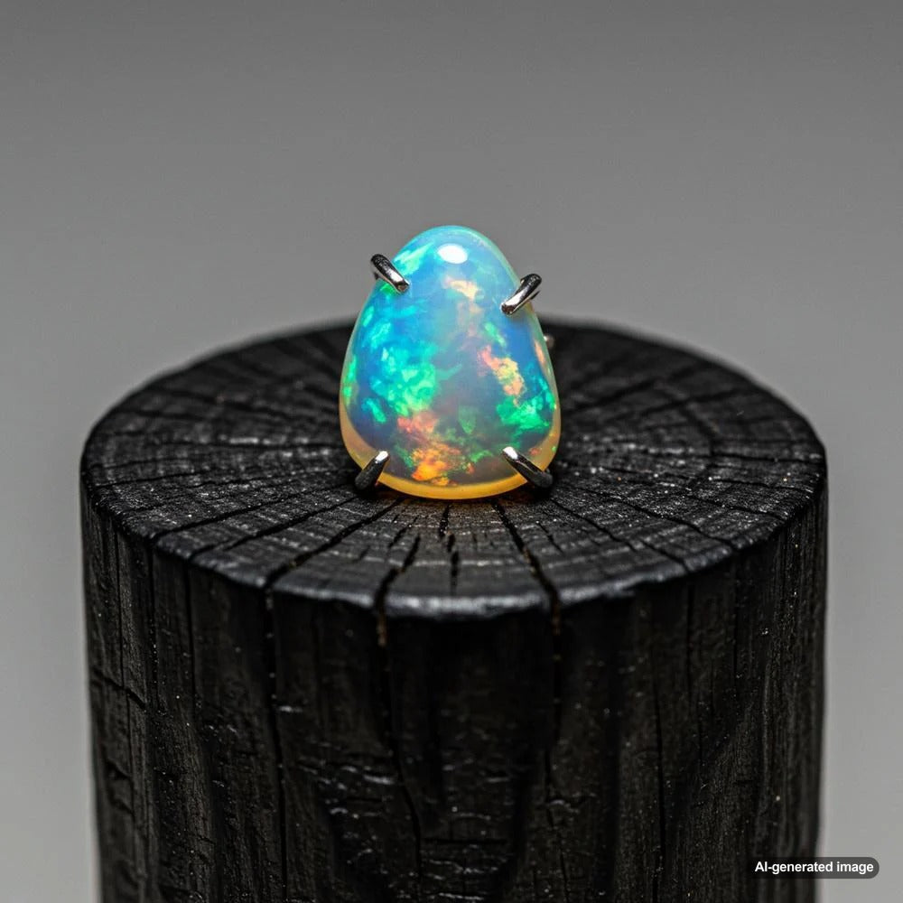 Close-up of a stunning opal gemstone with vibrant play-of-color, showcasing its delicate beauty and iridescence.