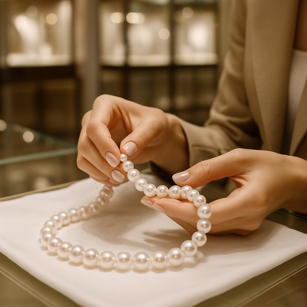 Beautiful pearl necklace and earrings set being gently cleaned with soft cloth