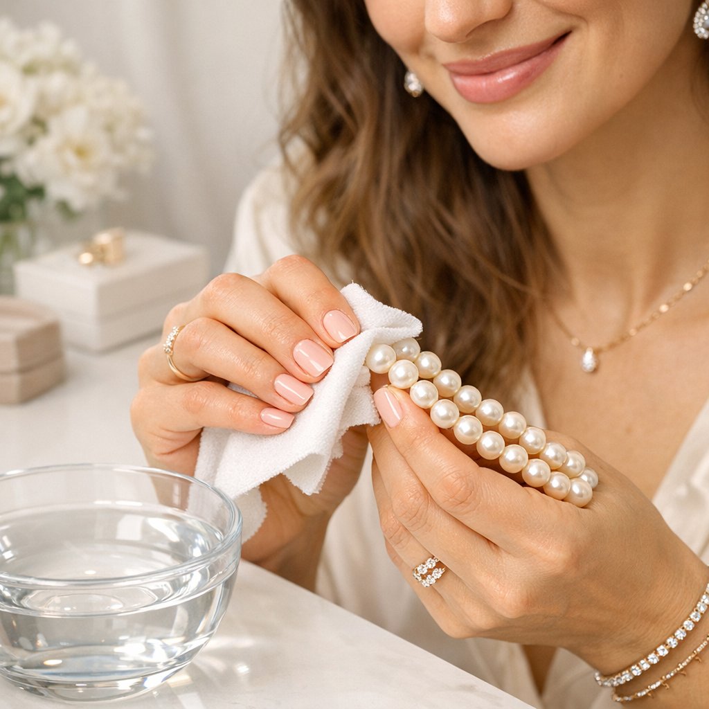 Close-up of lustrous white pearls being gently cleaned with a soft cloth, with a pearl necklace laid flat on a towel in the background.