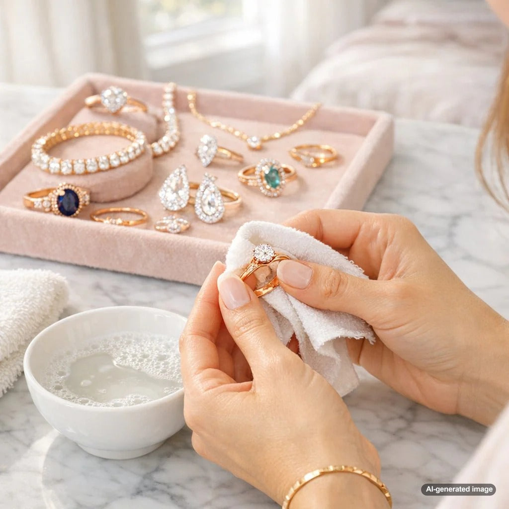 Close-up of a woman's hands gently cleaning a beautiful rose gold ring with a soft cloth beside a bowl of soapy water