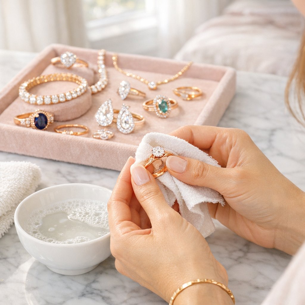 Close-up of a woman's hands gently cleaning a beautiful rose gold ring with a soft cloth beside a bowl of soapy water