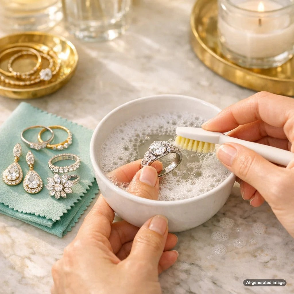 Close-up of a woman's hand wearing a white gold and diamond ring, with a soft cleaning cloth and gentle brush beside it, demonstrating at-home jewelry care.