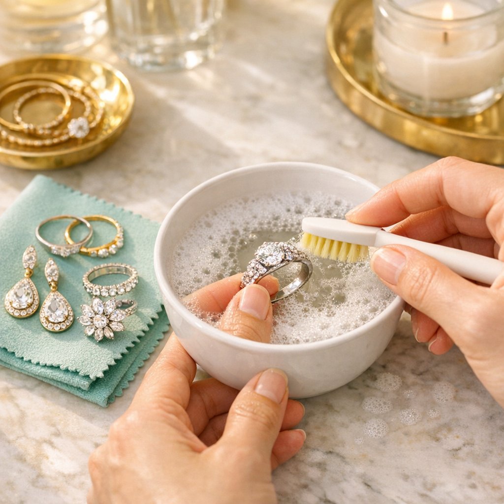 Close-up of a woman's hand wearing a white gold and diamond ring, with a soft cleaning cloth and gentle brush beside it, demonstrating at-home jewelry care.