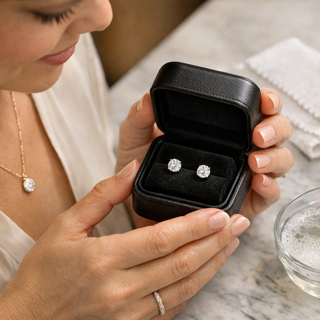 Diamond stud earrings being gently cleaned with a soft toothbrush in a bowl of soapy water on a towel