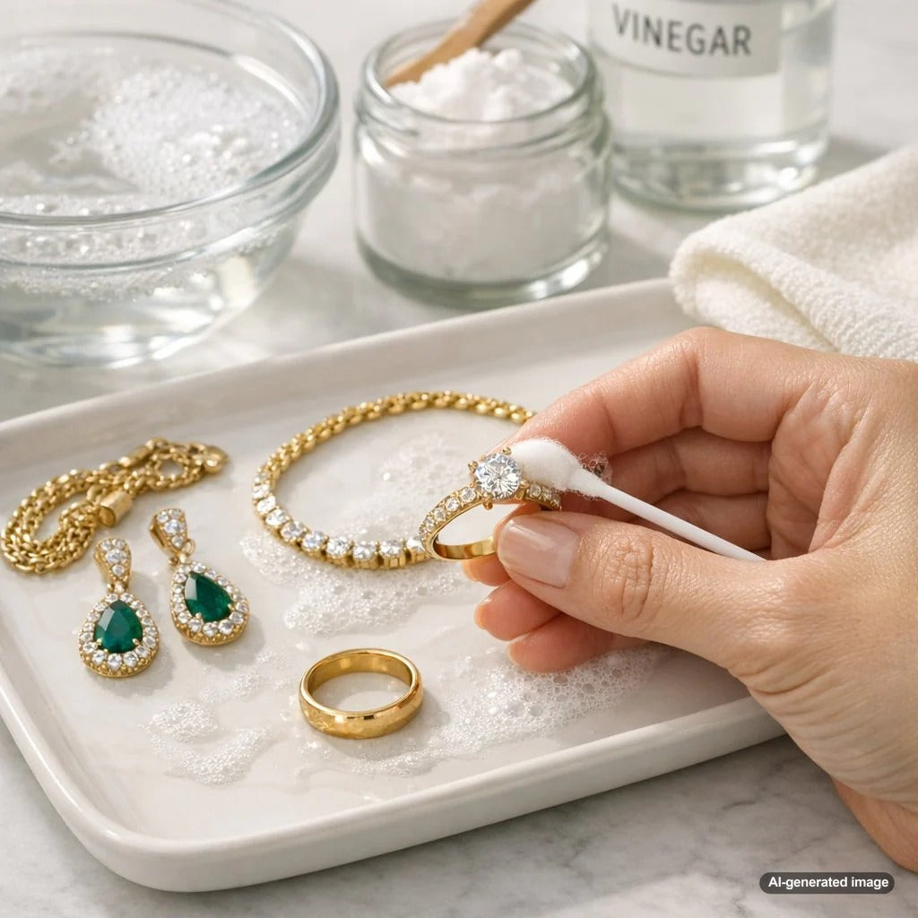 Supplies needed to clean gold jewelry at home including a bowl, mild dish soap, soft toothbrush, and a cloth placed beside sparkling rings and necklaces.