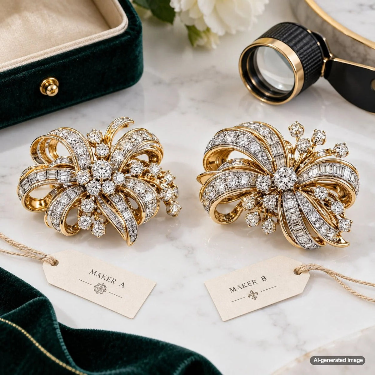 Comparison of two similar estate jewelry pieces by different makers, highlighting designer signatures, vintage craftsmanship, gemstones, and collectible jewelry value