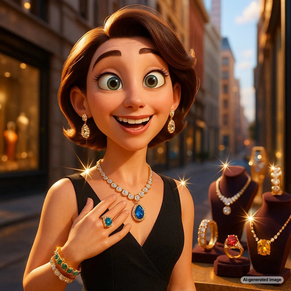 Woman confidently wearing a layered necklace stack and statement earrings, showcasing her unique jewelry style