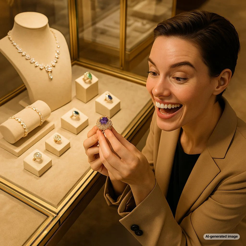Woman wearing a unique custom-designed necklace, smiling confidently