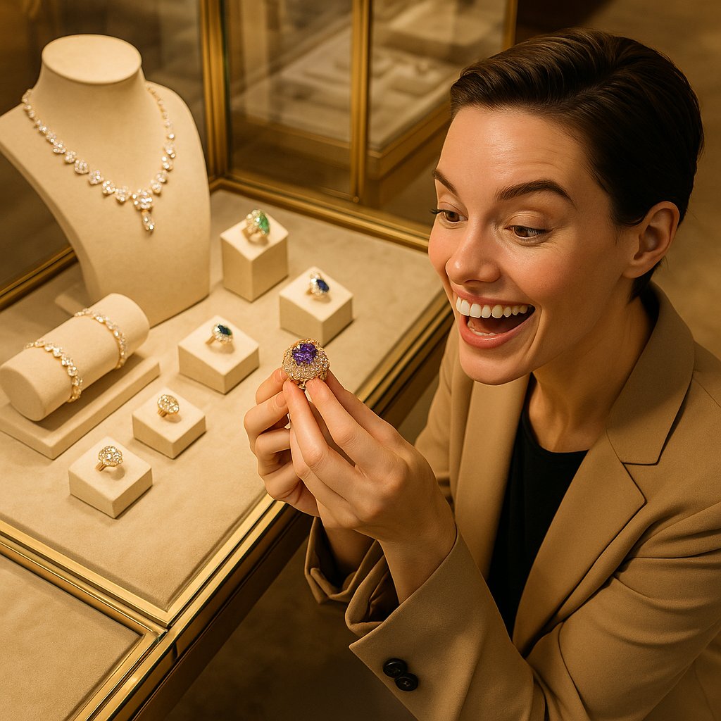Woman wearing a unique custom-designed necklace, smiling confidently