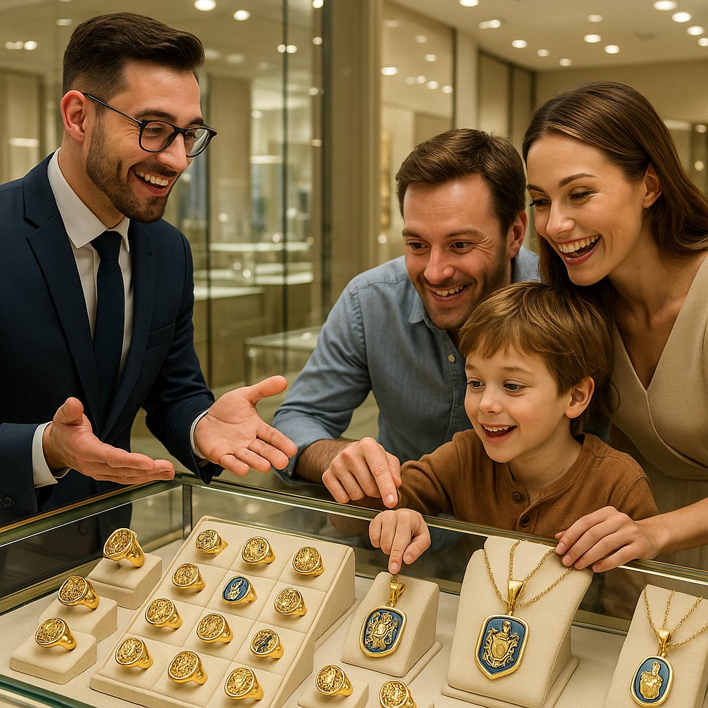 Family crest ring and pendant designs featuring heraldic symbols in gold and enamel