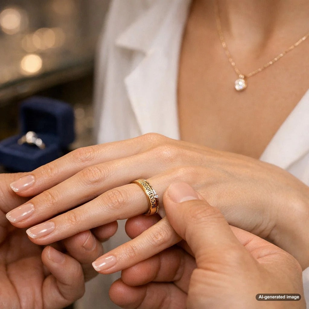 Custom designed ring from Robinson's Jewelers featuring engraved exact GPS coordinates on a polished gold band