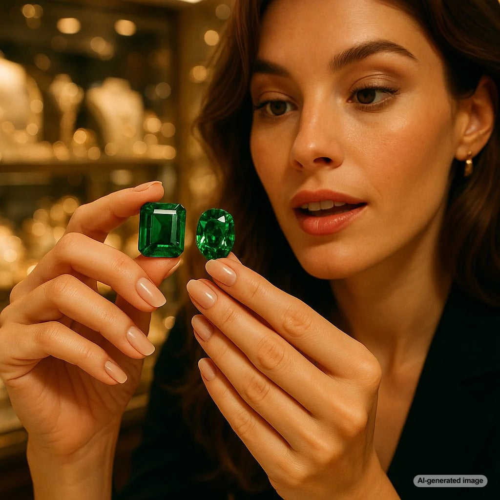 Close-up comparison of a Tsavorite Garnet ring and an Emerald ring showing differences in color and brilliance.