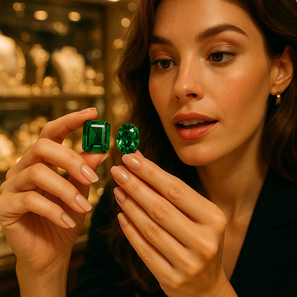 Close-up comparison of a Tsavorite Garnet ring and an Emerald ring showing differences in color and brilliance.