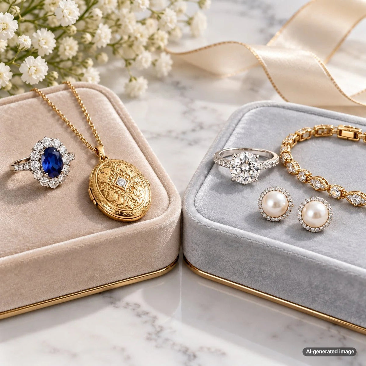 Inherited jewelry arranged for a fair family division including rings, necklaces, bracelets, and heirloom pieces