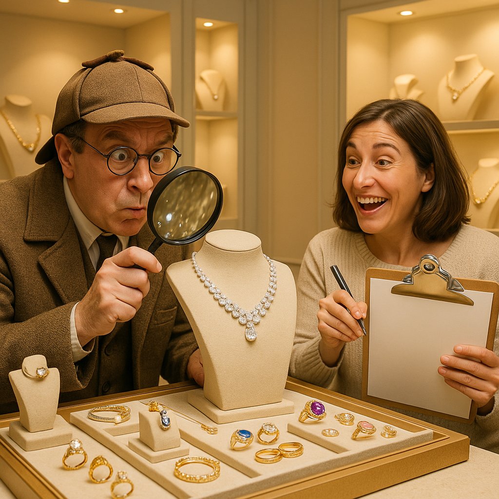 Close-up of a woman's hands organizing fine jewelry including rings, necklaces, and bracelets on a velvet tray next to documents and a tablet.