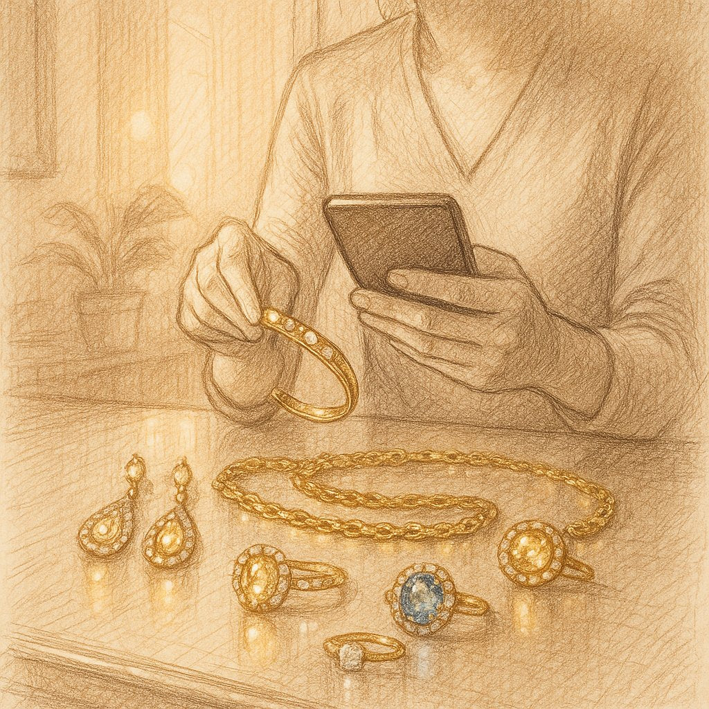 A beautifully arranged collection of fine jewelry including rings, necklaces, and bracelets on a velvet surface for insurance documentation