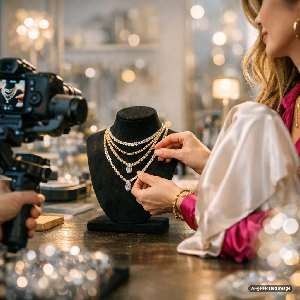 A close-up shot of a jewelry maker's hands carefully setting a diamond into a ring, representing the suspenseful process of creating a piece without revealing the final product.