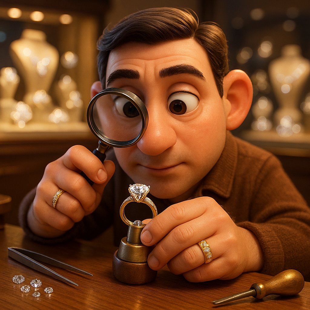 Close-up of a jeweler's hands securing a loose diamond in an elegant gold ring setting