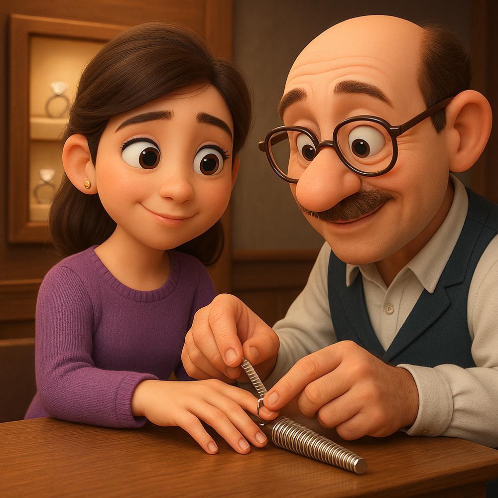 Woman measuring her ring size with a professional ring sizer