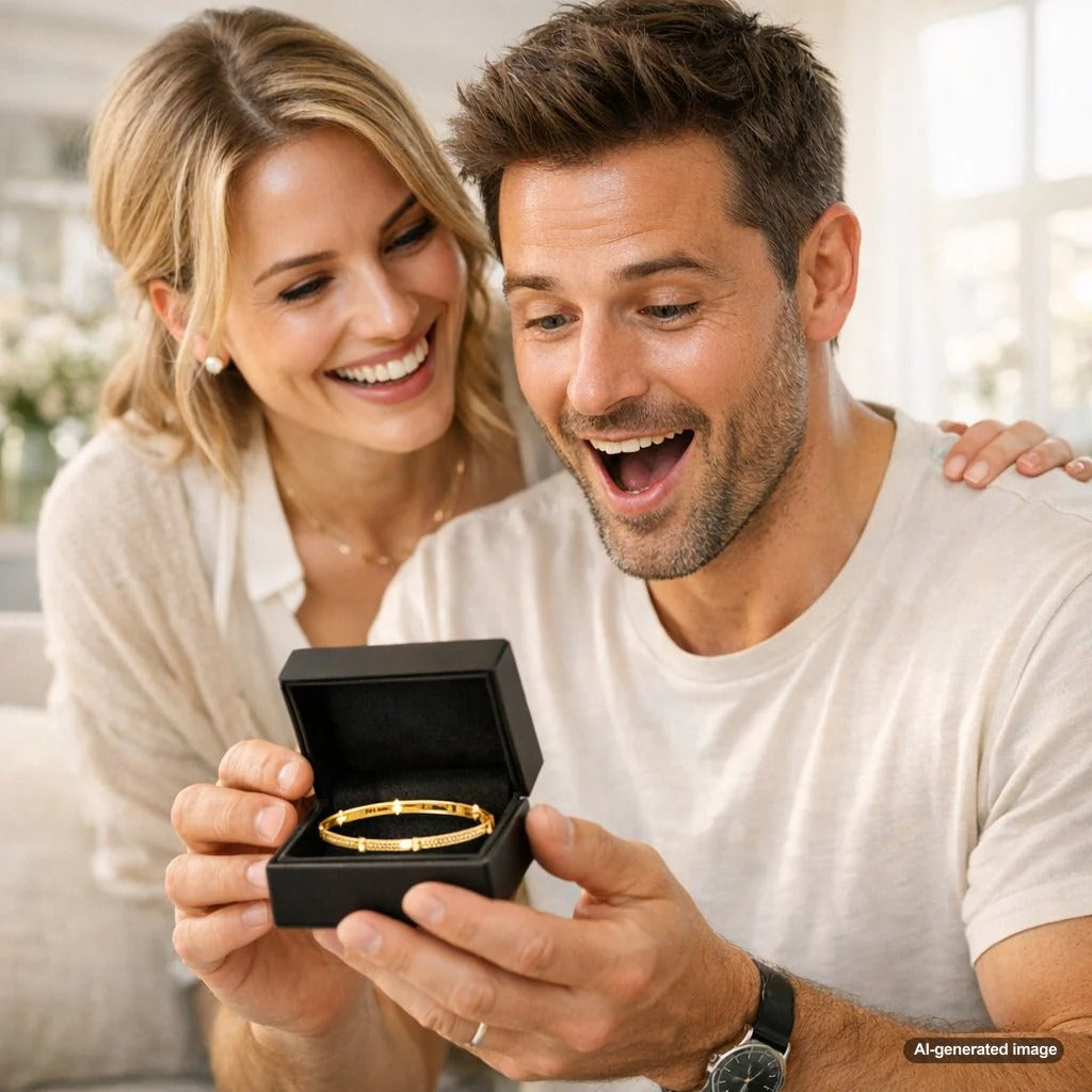 A curated selection of men's fine jewelry including a signet ring, a leather bracelet, a modern chain necklace, and a luxury watch displayed on a dark surface.