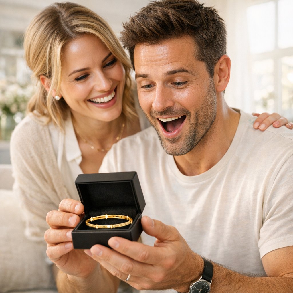 A curated selection of men's fine jewelry including a signet ring, a leather bracelet, a modern chain necklace, and a luxury watch displayed on a dark surface.