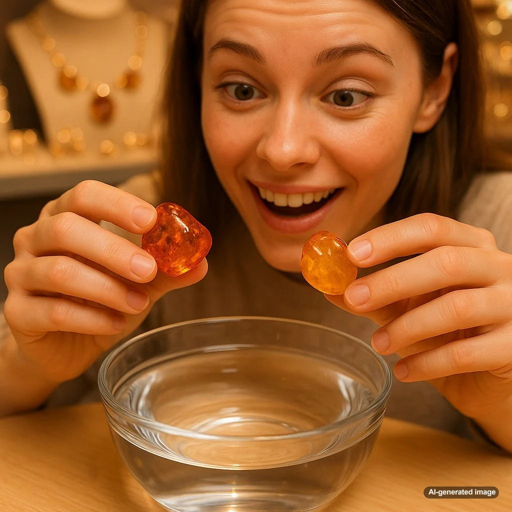 Authentic amber jewelry floating in salt water test solution with imitation pieces sunk to bottom