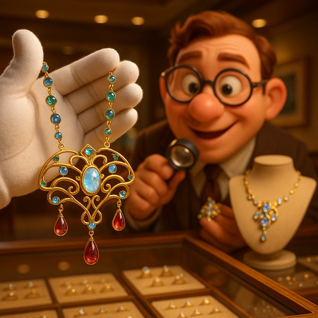 An exquisite signed Art Nouveau pendant featuring a woman's profile with flowing hair, crafted in gold with enamel and pearl details