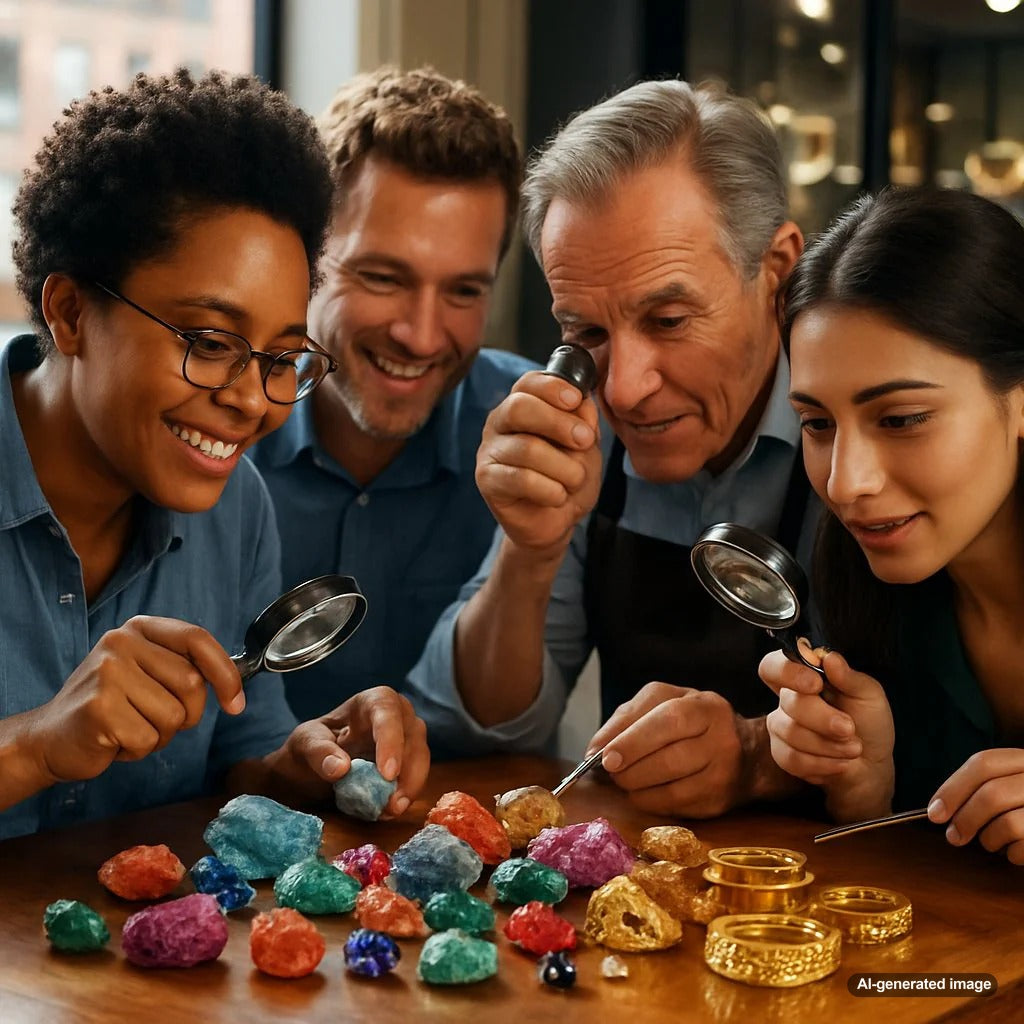 Close up of artisan hands carefully setting a gemstone into a unique gold ring, representing ethical jewelry sourcing from small-scale mines.