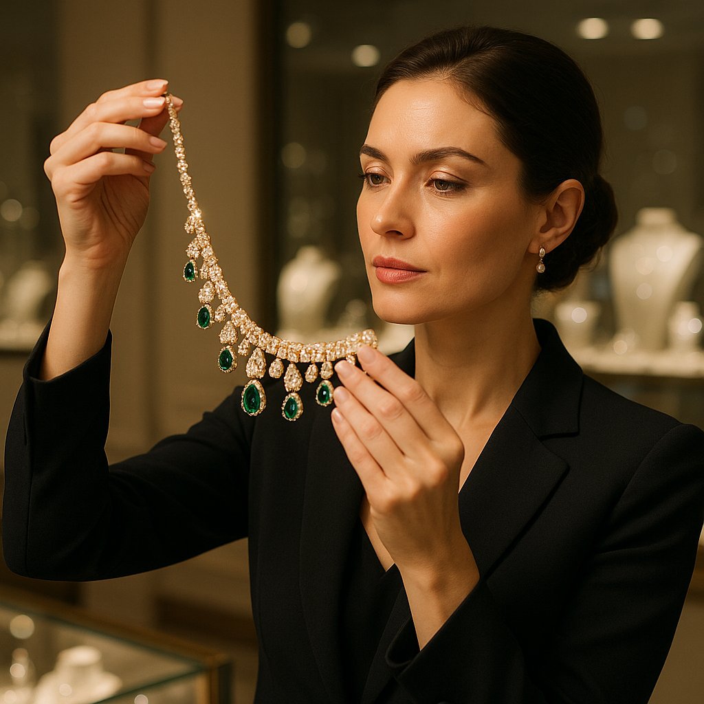 Close-up view of exquisitely crafted fine jewelry showing precise stone setting and flawless metal work