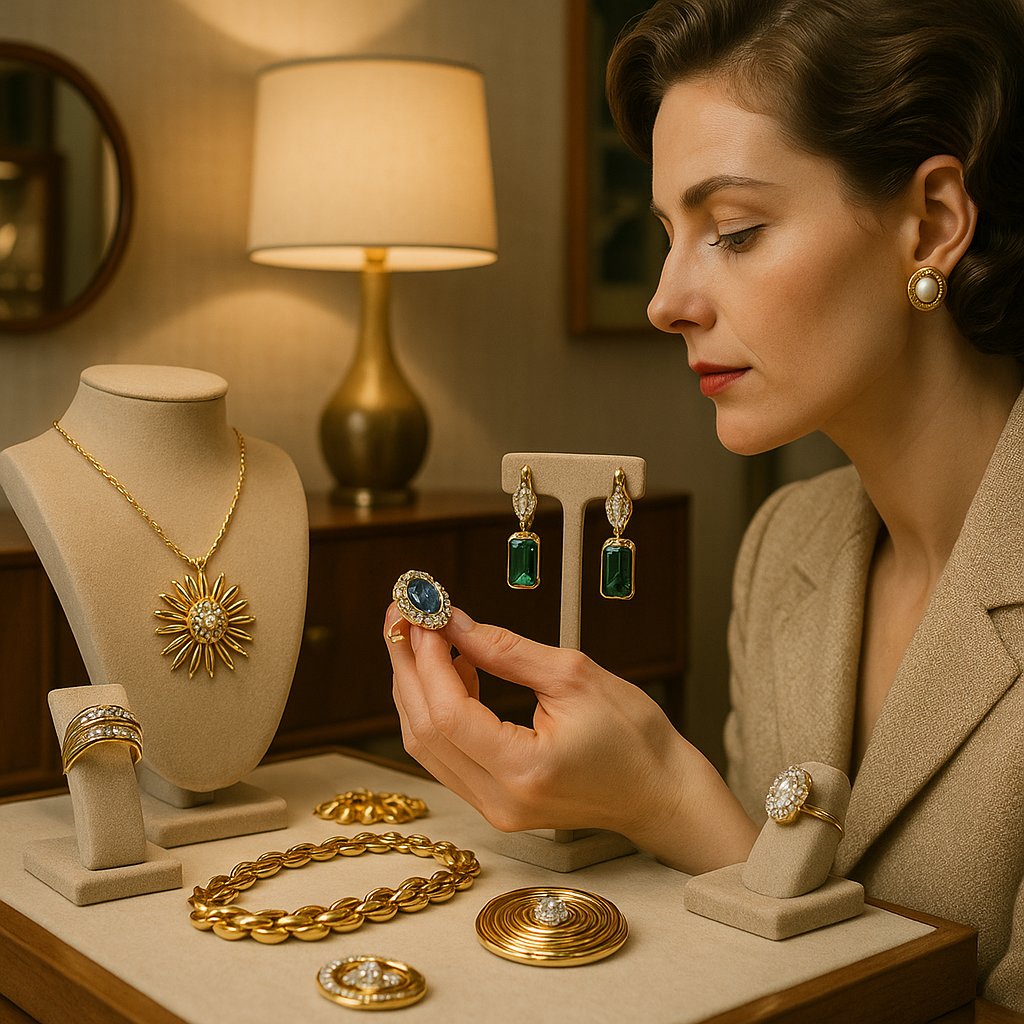 Vintage mid-century modern jewelry collection featuring geometric designs and colorful gemstones