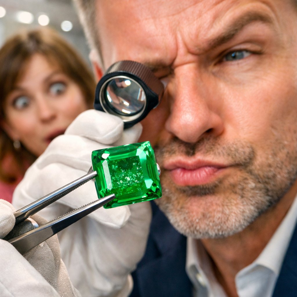 Close-up of a stunning emerald ring from Robinson's Jewelers, showcasing natural 'sugar' inclusions and jardin within the vibrant green gemstone.