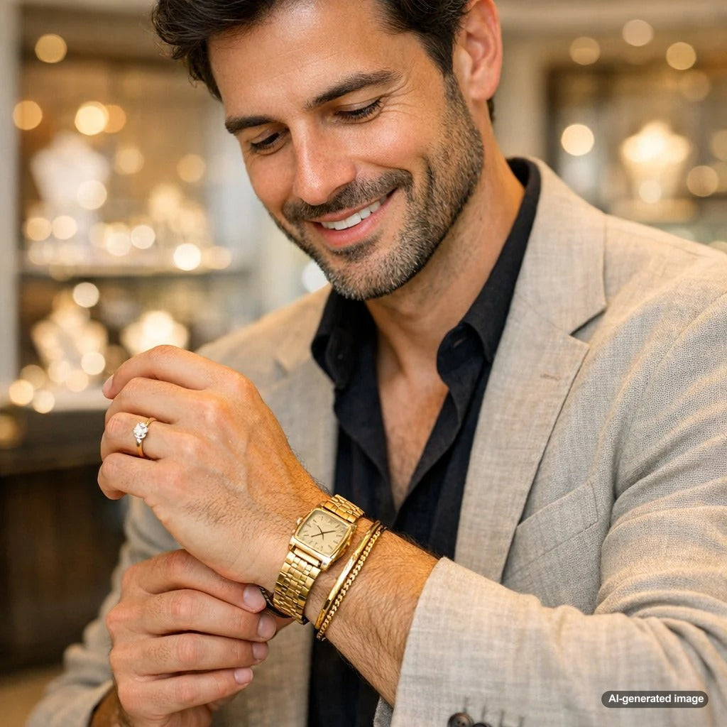 A stylish woman's wrist adorned with a stack of bracelets and a large, classic men's heirloom watch, blending vintage and modern jewelry styles.