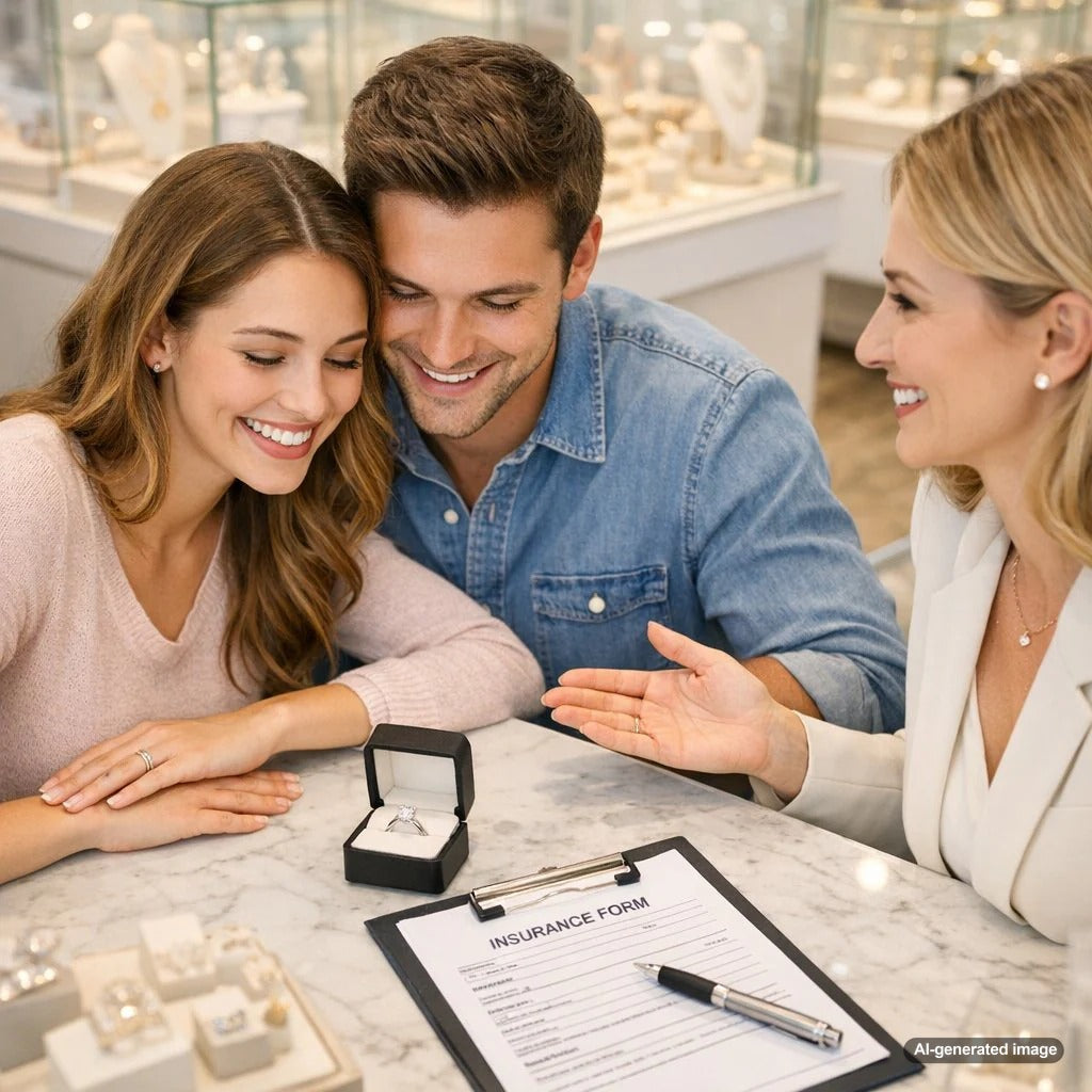 Close-up of a beautiful diamond engagement ring on a woman's finger with insurance documents and a magnifying glass in the background, symbolizing protection and careful planning.