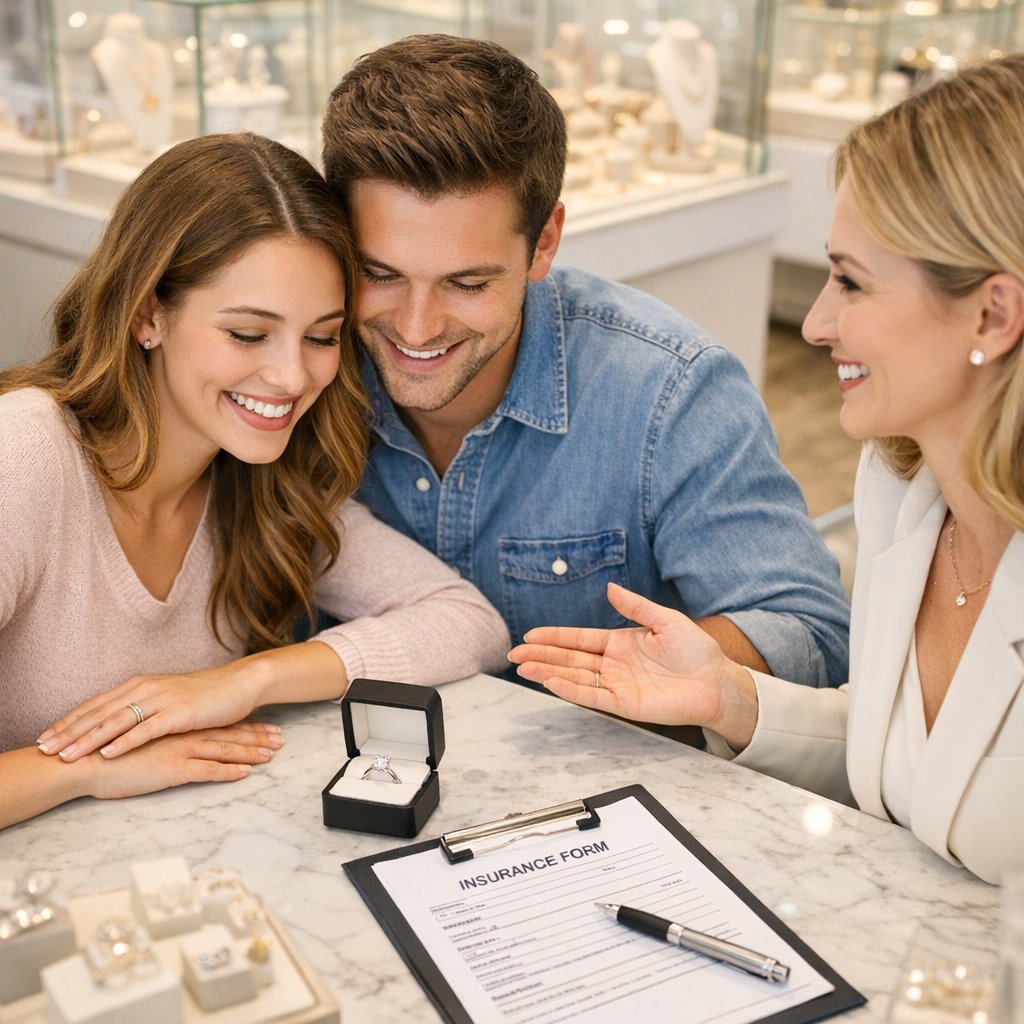 Close-up of a beautiful diamond engagement ring on a woman's finger with insurance documents and a magnifying glass in the background, symbolizing protection and careful planning.