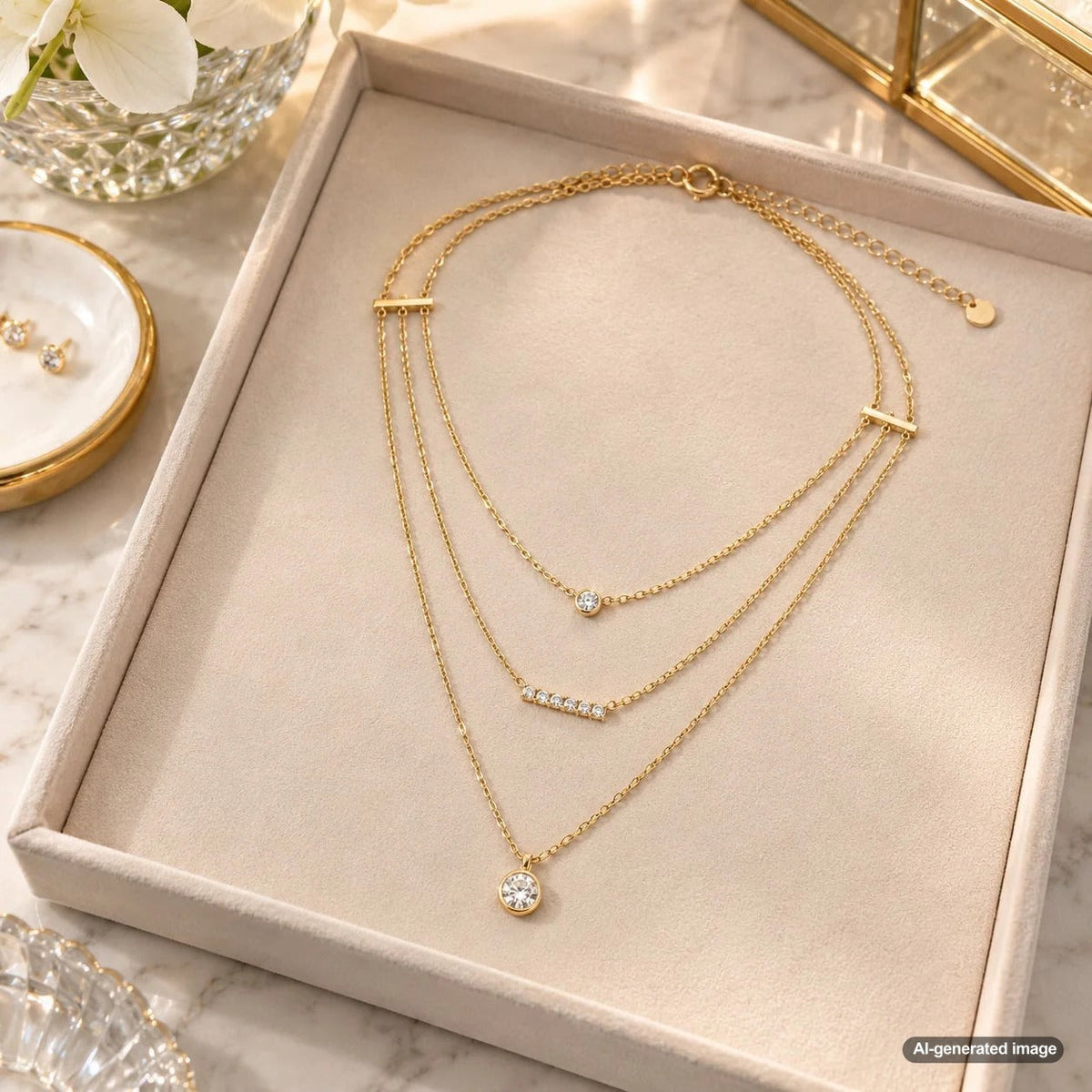 Elegant layered fine necklaces in different chain lengths and styles arranged to help prevent tangling throughout the day